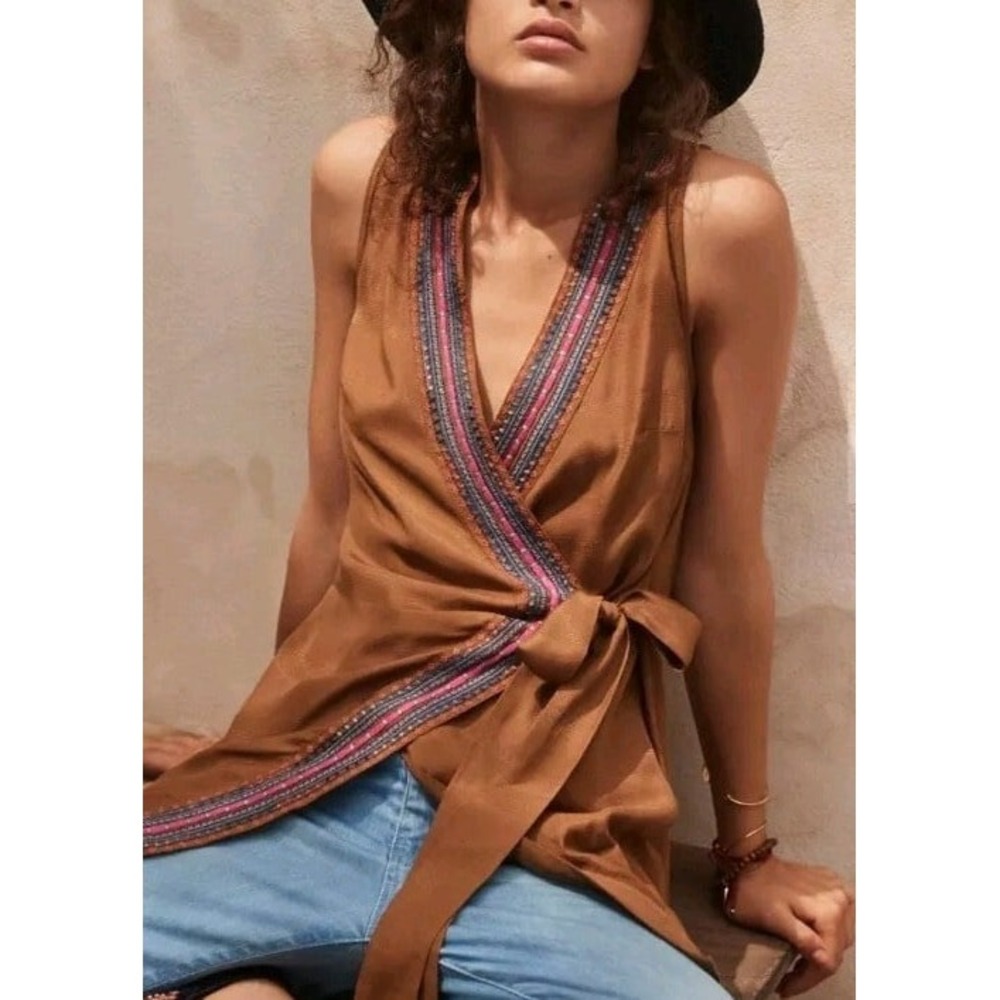 MAEVE by Anthropologie Liviana Wrap Tunic bohemian embroidered V-neck - Picture 3 of 8
